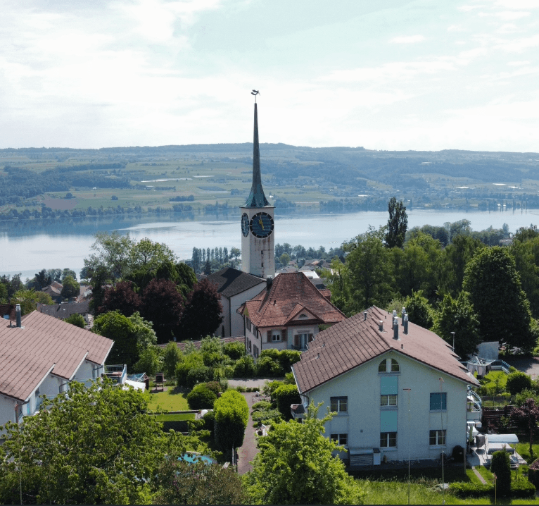 Blick über Beinwil am See auf den Hallwilersee mit der Dorfkirche