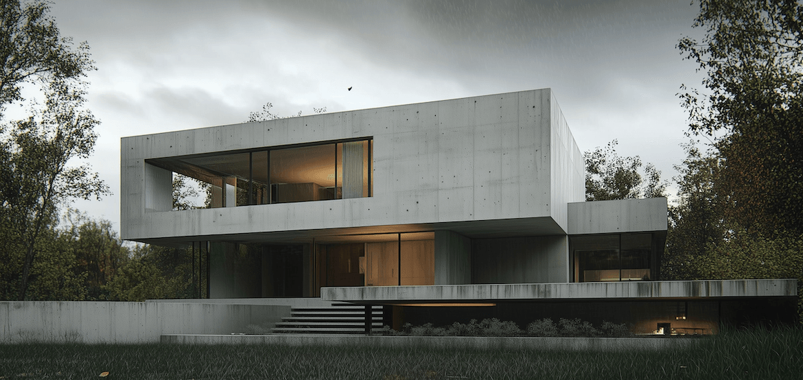 Modernes Wohnhaus aus Sichtbeton mit grossen Fensterfronten am Hang
