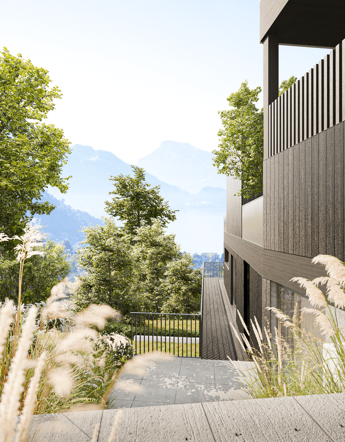 Visualisierung eines Zweifamilienhauses in Hanglage über dem Vierwaldstättersee