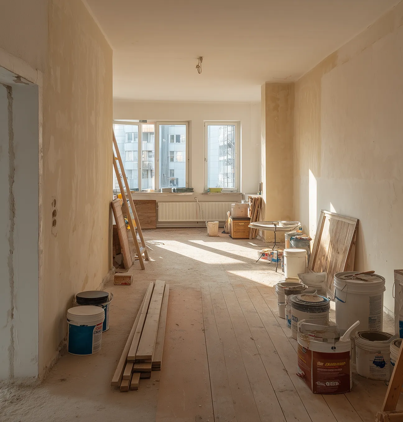 Wohnraum im Umbau mit Baumaterial und Werkzeug auf dem Boden